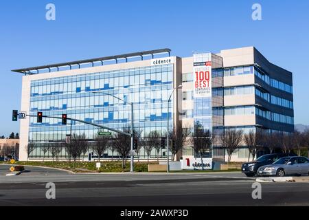 Feb 7, 2020 San Jose / CA / USA - Cadence campus in Silicon Valley; Cadence Design Systems, Inc. is an American multinational electronic design automa Stock Photo