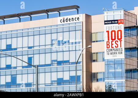 Feb 7, 2020 San Jose / CA / USA - Cadence campus in Silicon Valley; Cadence Design Systems, Inc. is an American multinational electronic design automa Stock Photo