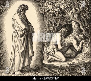 Genesis. The Fall of Man, Adam and Eve in the Garden of Eden. Sacred biblical history Old Testament. Old engraving from the book Historia Sagrada 1920 Stock Photo