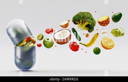 Composition with dietary supplements vegetables capsules. Variety of drug pills. 3d rendering Stock Photo