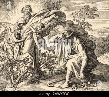 Exodus. God appears to Moses on Mount Horeb and tells him not to come closer, barefoot because the land you step on is holy. Sacred biblical history Stock Photo