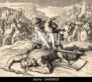 Davids fight with the colossus Goliath. The shepherd boy David takes Goliath sword and cut off his head. Samuel book. Sacred biblical history Stock Photo