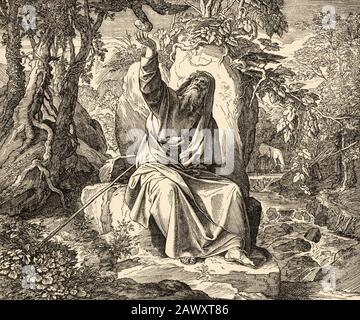 The crows brought bread and meat to the prophet Elijah. Kings book. Sacred biblical history Old Testament. Old engraving Stock Photo