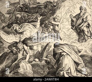 The Lord appears to Elijah on Mount Horeb, Sinai. Kings book. Sacred biblical history Old Testament. Old engraving from the book Historia Sagrada 1920 Stock Photo