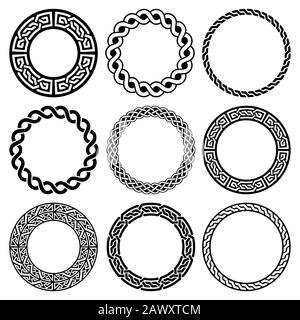 Irish Celtic vector round frame set, braided mandala pattern - greeting card and invititon background, St Patrick's Day ornament Stock Vector