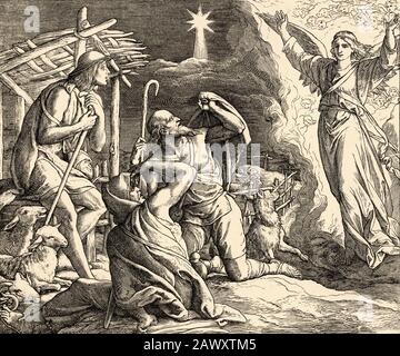 Angel Appears to Shepherds. An angel announces the birth of the savior to the shepherds. Luke book, New Testament Sacred biblical history Stock Photo