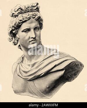 Apollo Belvedere or Apollo pitio, is a famous marble statue that represents the Greek god Apollo. Greece ancient history. Old engraving illustration f Stock Photo
