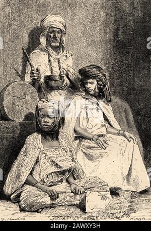 Portrait of Arab mendicant, Biskra and El-kantra women, Algeria. North Africa. Old engraving illustration from the book Nueva Geografia Universa Stock Photo