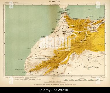 19th century  color atlas map of Morocco. North Africa. Old engraving illustration from the book Nueva Geografia Universal by Eliseo Reclus 1889 Stock Photo