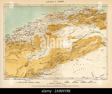 19th century  color atlas map of Algeria and Oran. North Africa. Old engraving illustration from the book Nueva Geografia Universal by Eliseo Reclus 1 Stock Photo