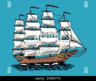 Sailboat in the sea, summer adventure, active vacation. Seagoing vessel, marine ship or nautical caravel on blue background. Water transport in the Stock Vector