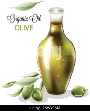 Organic olive oil in abstract shape glass. Composition with green leaves. Watercolor vector Stock Vector