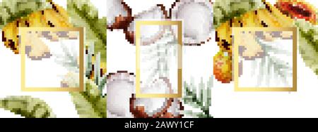 Big set of watercolor composition with bananas, papaya pear and coconut. Vector Stock Vector