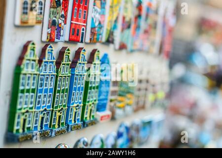 Rows of fridge magnet souvenirs from Gdansk displayed on stillage Stock Photo