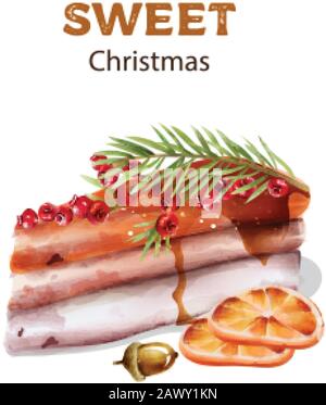 Sweet christmas cake with red berries on top. Orange slices and nuts. Watercolor winter vector Stock Vector