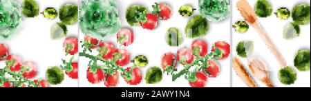 Watercolor big set compositions with wooden eating utensils and vegetables. Red tomatoes, olives. Place for text Green background. Ecology products ve Stock Vector