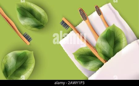 Bamboo toothbrushes set with green leaves on white napkin. Colorful background. Ecology products vector Stock Vector