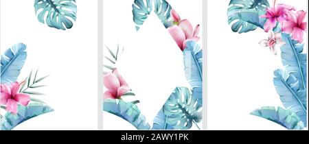 Big set of floral invitation cards with wreath frames. Palm blue and rose leaves. Place for text. Watercolor vector Stock Vector