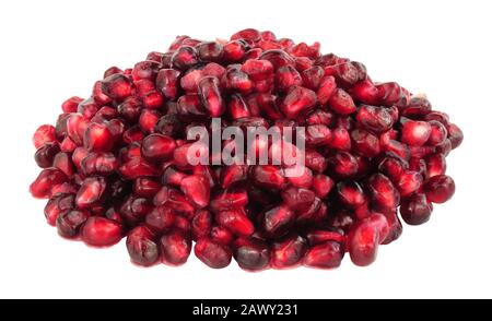 Pile of fresh sweet juicy pomegranate fruit seeds isolated on a white background Stock Photo