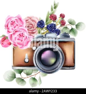 Retro style camera with rose flowers and berries ornaments. Watercolor vector Stock Vector