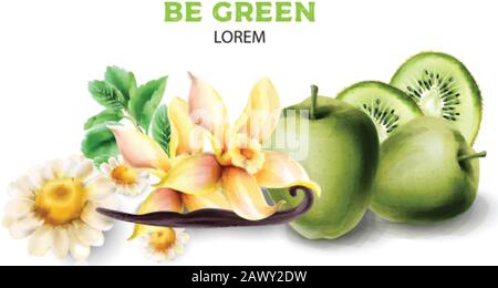 Vanilla, kiwi, apple, chamomile and mint leaves. Green products watercolor vector Stock Vector