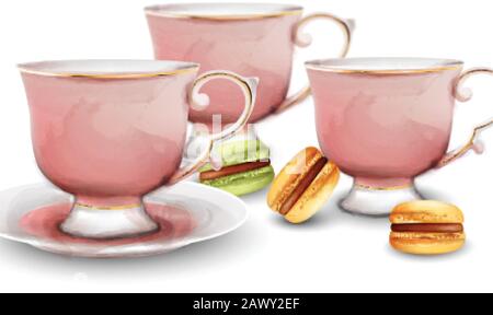Pink watercolor tea cups with macaroon sweets. Vector Stock Vector