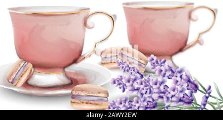 Pink watercolor tea cups with macaroon sweets and lavender. Vector Stock Vector