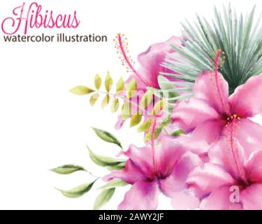 Hibiscus flowers and palm leaves. Watercolor vector Stock Vector