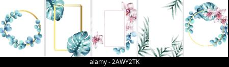 Big set of floral invitation cards with wreath and square frames. Flower leaves. Place for text. Watercolor vector Stock Vector