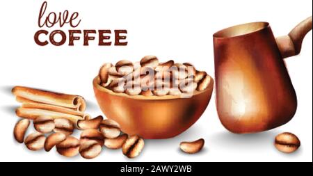 Coffee beans in a tray, cinnamon sticks and cooper turkish coffee pot. Watercolor vector Stock Vector