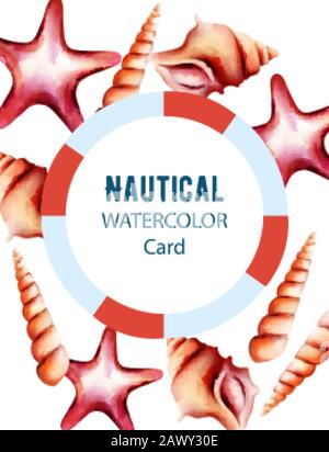 Nautical watercolor card with starfish and various size shell. Place for text. Vector Stock Vector