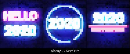Big set of neon signs with welcome 2020 message. Bricks background. Pink and blue neon Stock Vector