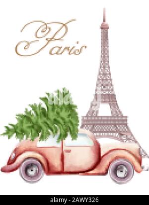 Red car with christmas tree on top passing by the Eiffel Tower. Paris in the winter season. Watercolor vector Stock Vector