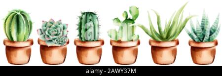Set of watercolor cactus, aloe vera and flowers in ceramic pot. Vector Stock Vector