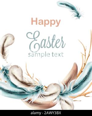 Happy Easter watercolor composition with blue colored feathers on wreath. Vector Stock Vector