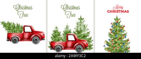 Big set with decorated christmas tree and red car transporting. Place for text Stock Vector