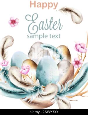 Happy Easter watercolor composition with blue colored feathers and eggs on wreath. Pink blossom flowers decoration. Vector Stock Vector
