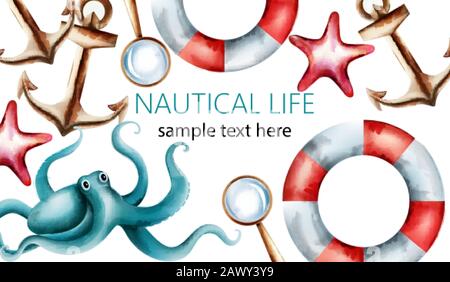 Nautical watercolor card with starfish, shell, octopus, anchor, magnifier and life preserver. Place for text. Vector Stock Vector