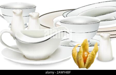 White classic style porcelain dishes with gravy boat, tea cups, salt dispenser and plates. Cape gooseberry on table. Vector Stock Vector