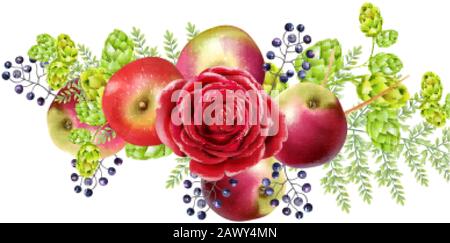 Spring set with rose flowers, blueberries, apples, artichokes and green leaves. Vector Stock Vector