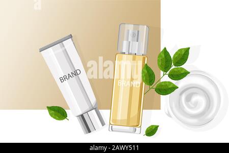Cosmetic products spray bottles with place for brand. Mint leaves and cream decorations. Natural healthcare vector Stock Vector