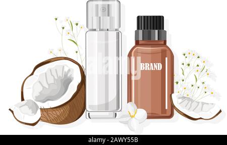 Natural Coconut cosmetic products. Chamomile flowers and sliced fruit. Healthcare vector Stock Vector