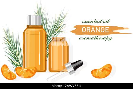 Orange essential oil bottle with dropper. Made from fruit. Natural aromatherapy idea vector. Leaves on background Stock Vector