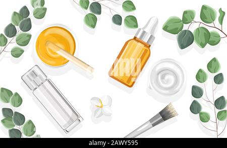 Natural cosmetic products spray bottles and glass with dropper. Leaves on background. Healthcare vector Stock Vector