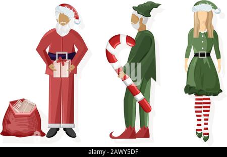 Set of Santa Claus and green woman and man elf. Holding gift boxes and lollipop. Winter holidays vector Stock Vector