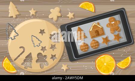 Christmas table with gingerbread cookies dough and metal forms. Orange slices decorations. Wooden background. Holiday vector Stock Vector