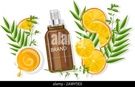 Orange essential spray bottle. Made from fruit. Natural aromatherapy idea vector. Green Leaves on background Stock Vector