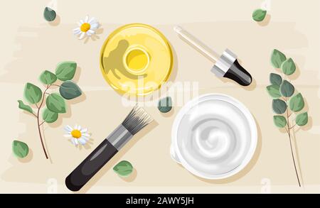 White cream and yellow tincture oil. Brush and dropper cosmetic set. Chamomile and green leaves. Natural Herbs vector Stock Vector