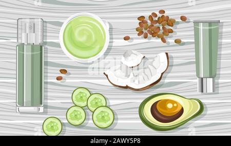 Organic avocado treatment products with spray bottles and tubes. Coconut and cucumber slices. Wooden background. Natural herbal cosmetic Vector Stock Vector