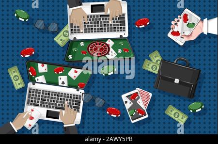 People playing casino on laptop and mobile phone. The future of lucky games. Blue table. Vector Stock Vector